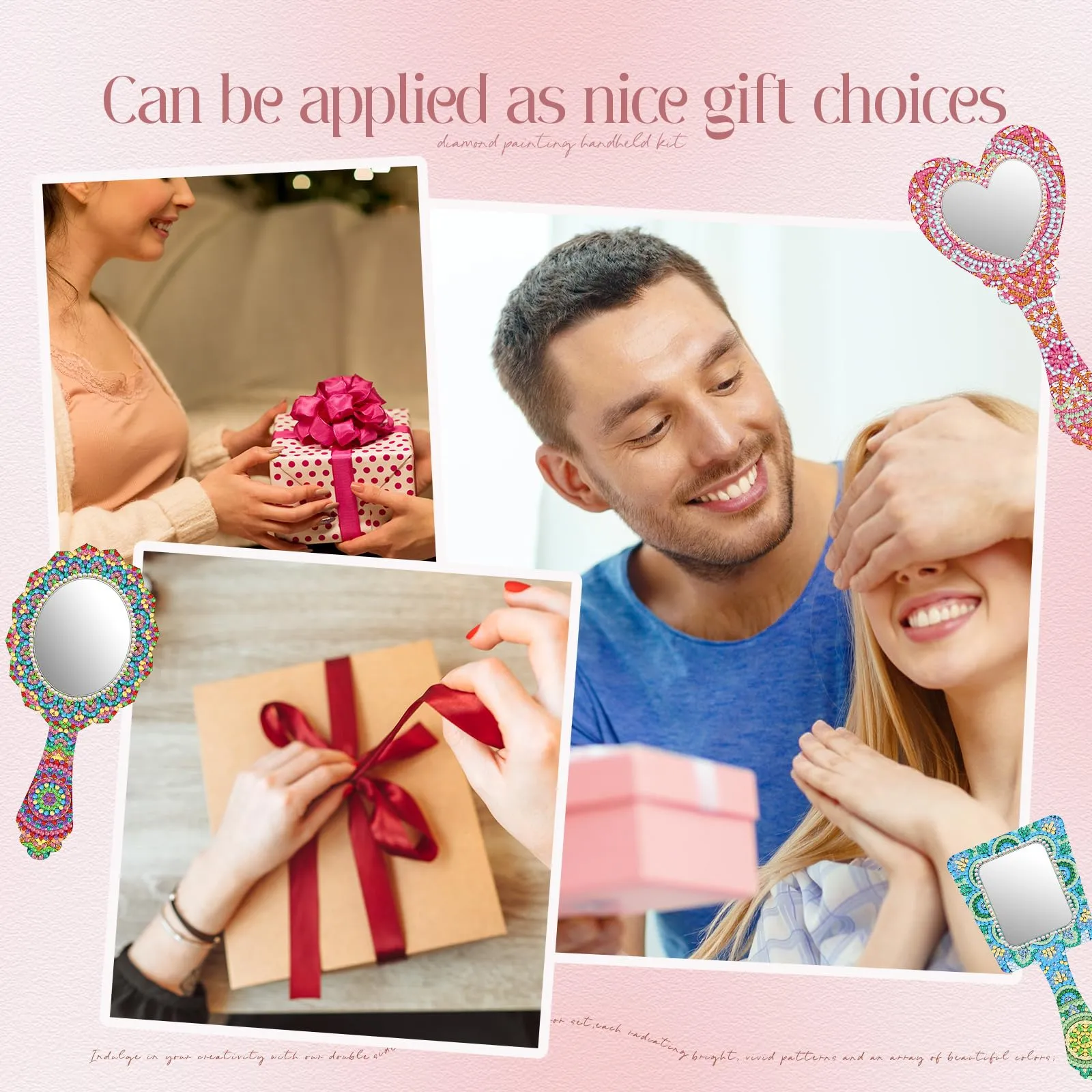 Threehoney 4 Pcs Diamond Painting Mirror Handheld Kits Valentine Christmas Art Gifts Compact Decorate Your Own Mirror for Hand DIY Crafts