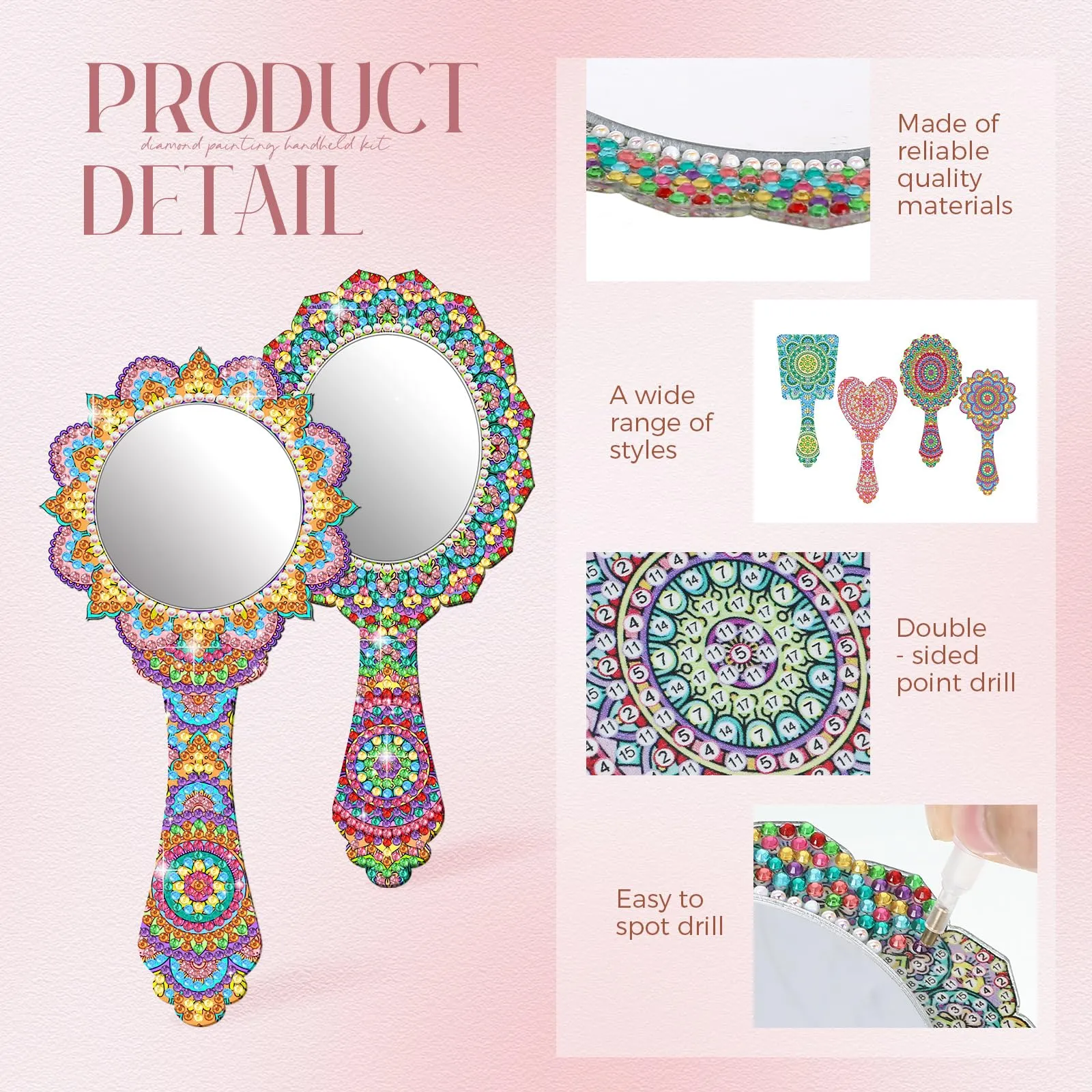 Threehoney 4 Pcs Diamond Painting Mirror Handheld Kits Valentine Christmas Art Gifts Compact Decorate Your Own Mirror for Hand DIY Crafts