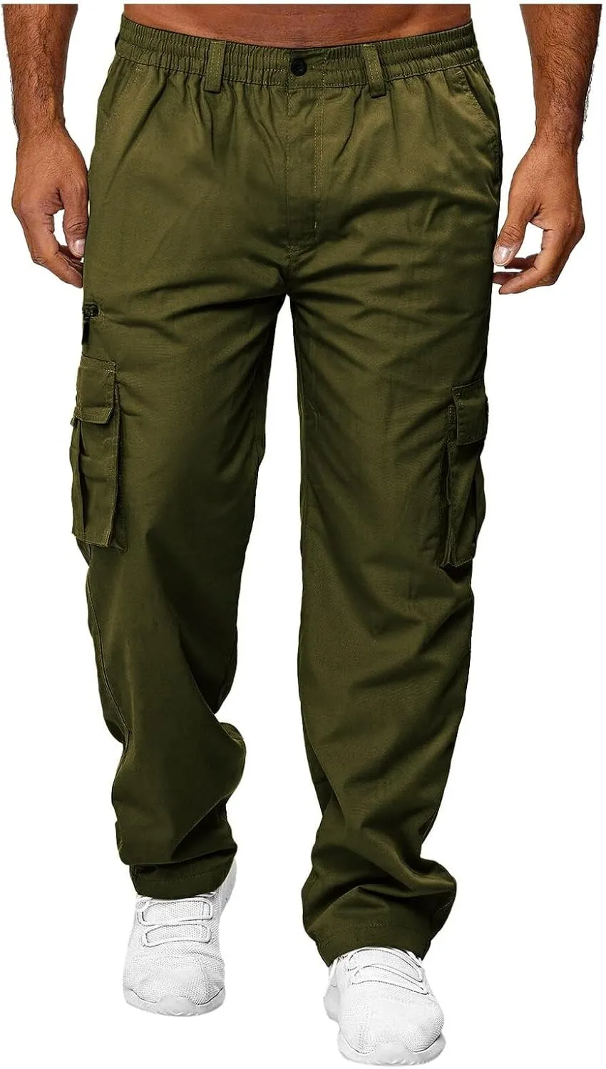 THWEI Mens Cargo Pants Casual Cotton Jogger Multi Pockets Outdoor Hiking Work Sweatpants