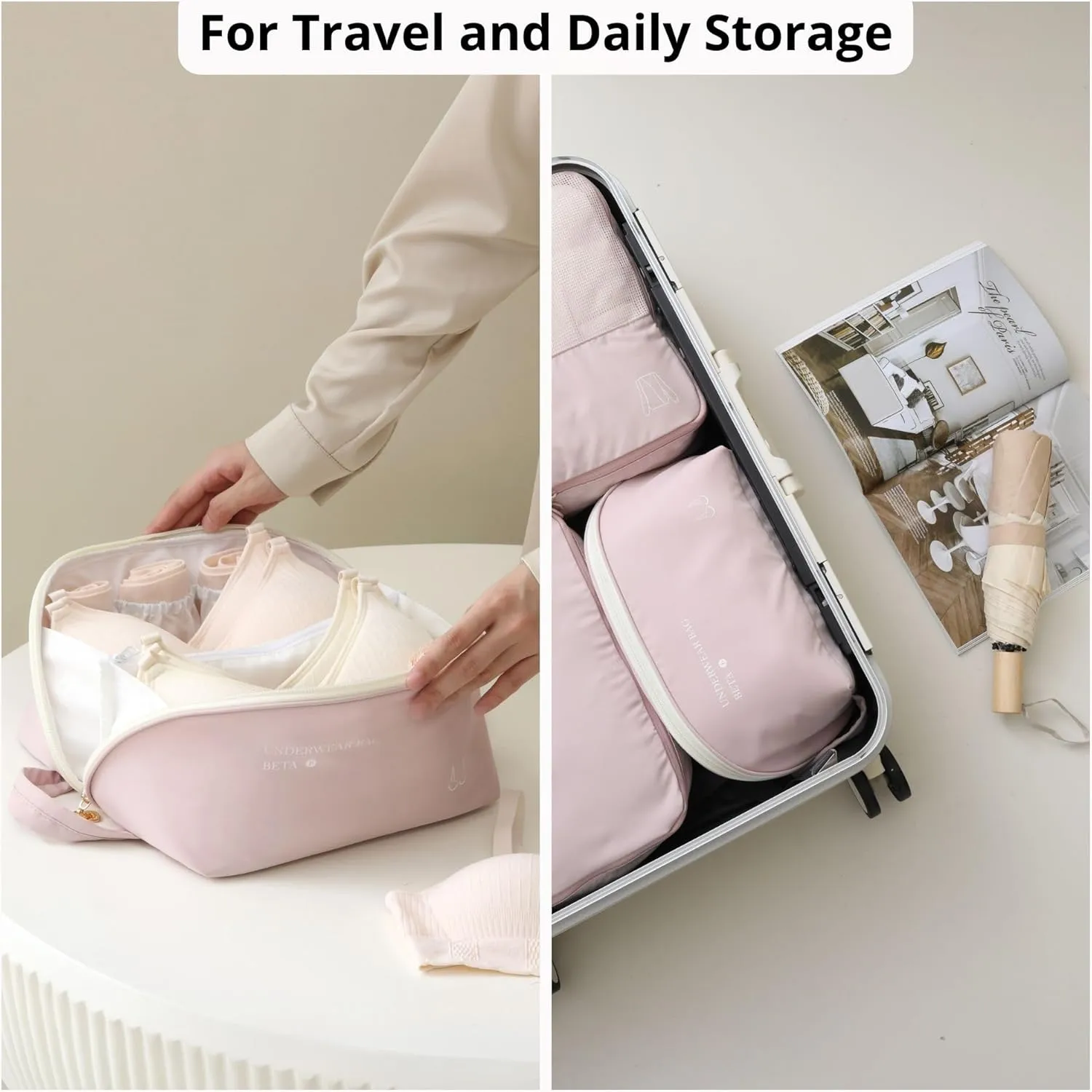 tianzong Travel Underwear Packing Cube for Women, Portable Luggage Organizer Bag, Multi-compartment Versatile Storage Bag for Suitcase (1 Pack, XL Pink)