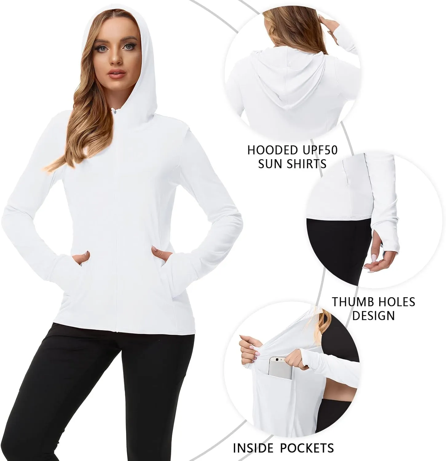 TIHEEN Women's UPF 50  Sun Protection Hoodie Jacket Lightweight Full Zip Athletic Jacket Long Sleeve Shirt with Pockets