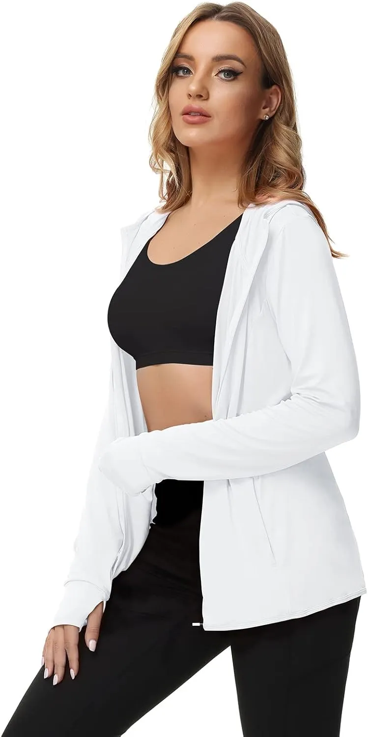 TIHEEN Women's UPF 50  Sun Protection Hoodie Jacket Lightweight Full Zip Athletic Jacket Long Sleeve Shirt with Pockets