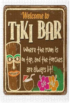 Tiki Bar Print,Puzzle Board,Portable Wooden Jigsaw Puzzle for Adults,Tiki Bar with Leisure Travel Print,Birthday Gift for Family and Friends,Multicolor Plastic Box Storage 1000PCS