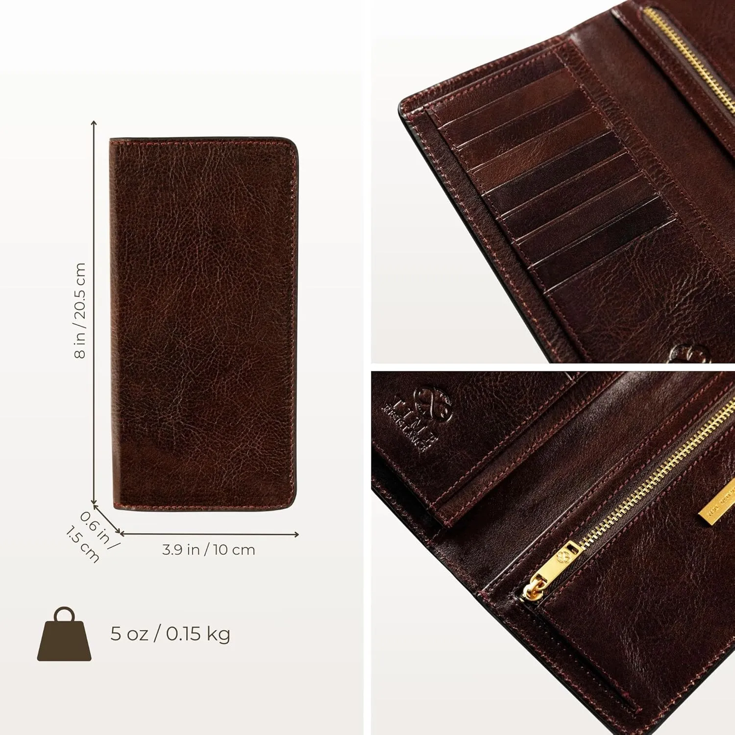 Time Resistance Long Leather Wallet - Bifold Mens Suit Leather Wallet - Checkbook Wallet - Tall Billfold Card Wallet - Slim Wallet Made in Italy (Brown)