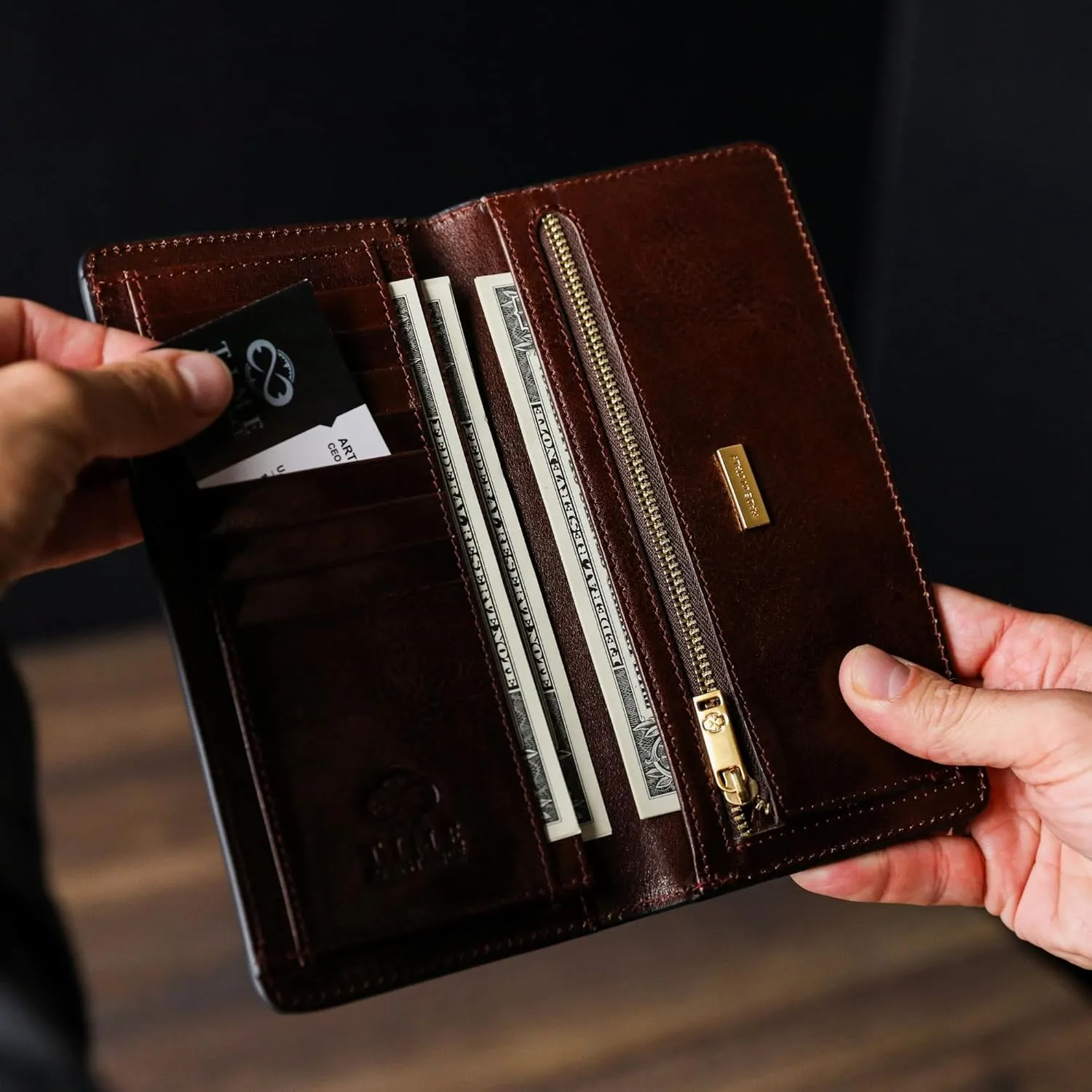 Time Resistance Long Leather Wallet - Bifold Mens Suit Leather Wallet - Checkbook Wallet - Tall Billfold Card Wallet - Slim Wallet Made in Italy (Brown)