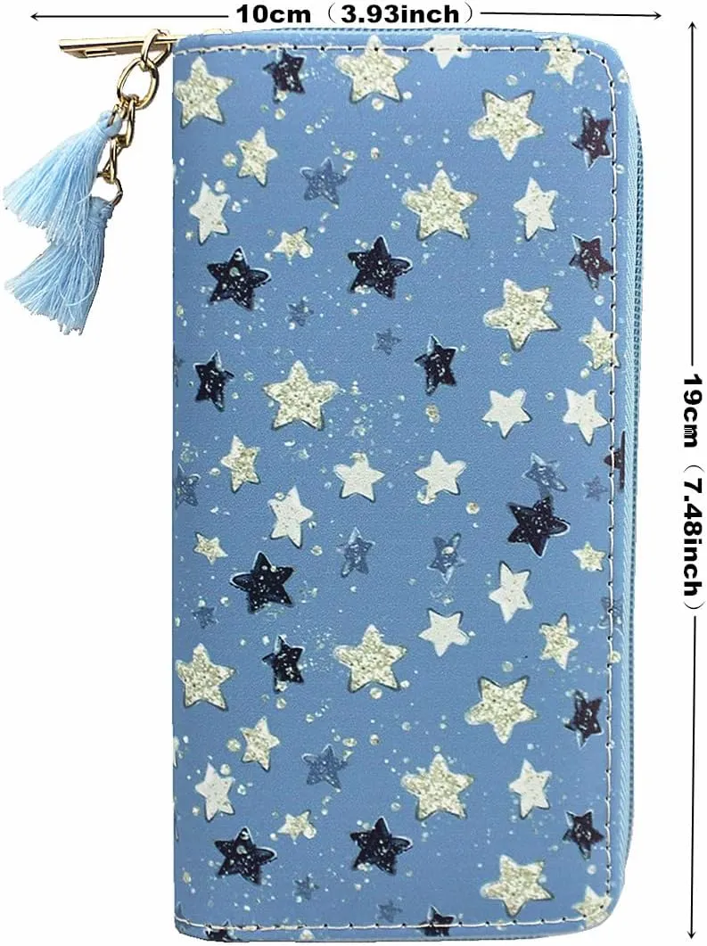 Timlee Cactus Unicorn Zipper Wallet Long Clutch Bag PU Leather Purse Girls Christmas Gift(Blue Star 0828)
