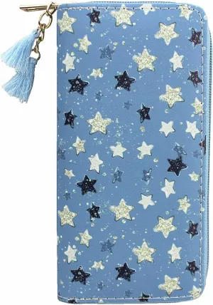 Timlee Cactus Unicorn Zipper Wallet Long Clutch Bag PU Leather Purse Girls Christmas Gift(Blue Star 0828)