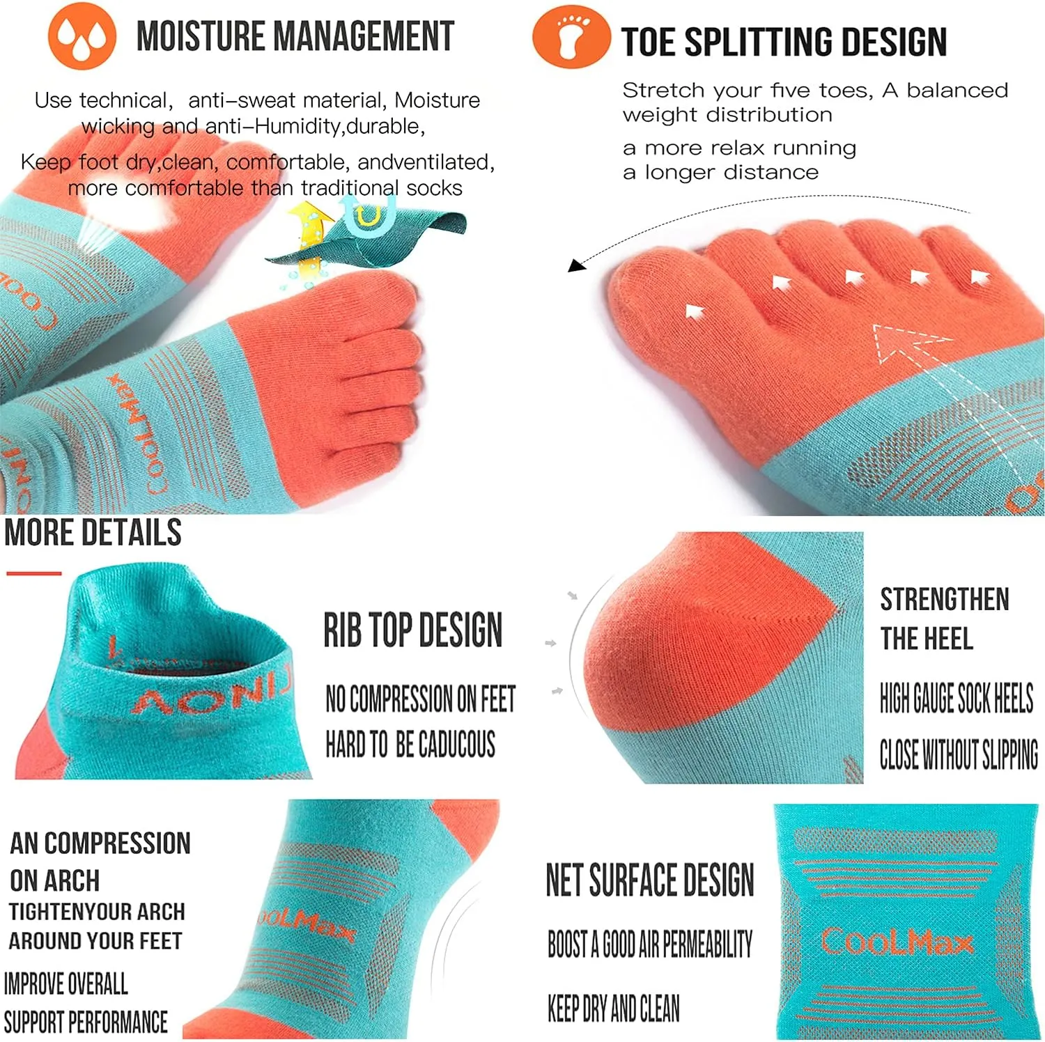 Toe Socks Cool-max Running Socks for Men Women 3 Pairs Athletic Breathable Five Finger Socks