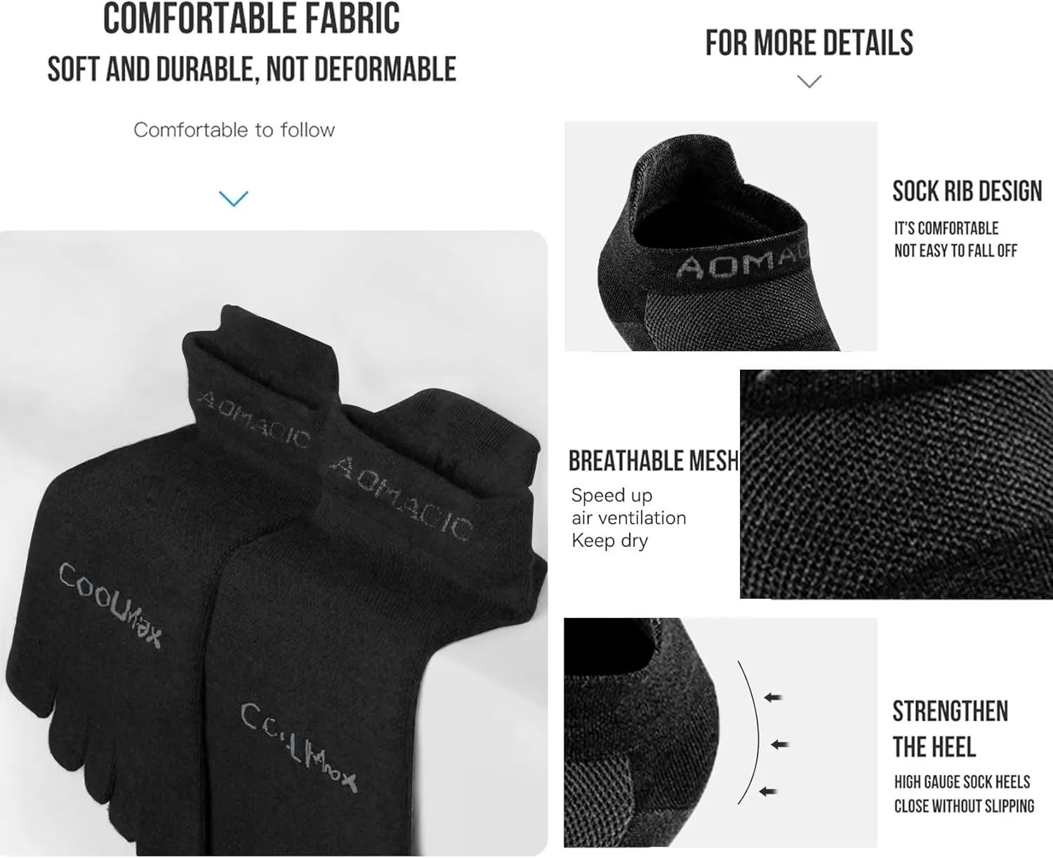 Toe Socks for Men Women Cool-max Running Socks 3 Pairs Athletic Breathable Five Finger Socks