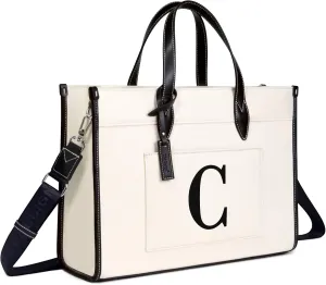 TOPDesign Initial 15.6" Laptop Tote Bag for Women, Personalized Canvas Work Purse, Business Briefcase & Office Handbag