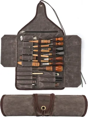 TOURBON Waxed Canvas Tool Roll Up Bag, 25-Pocket Wood Carving Chisel Carrying Case, Multi-Purpose Tool Pouch with Zipped Compartments