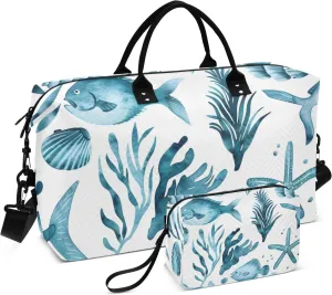 Travel Duffle Bag Gym Bag, Ocean Bottom Fish Seaweed Weekender Bags for Women with Toiletry Bag Travel Tote Bag Swim Bag