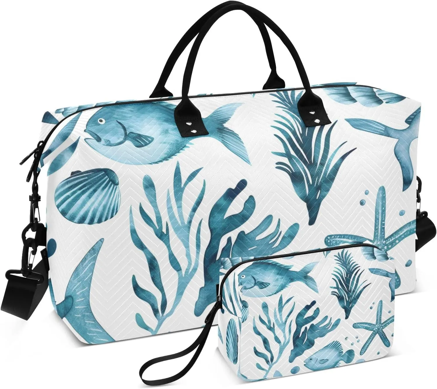 Travel Duffle Bag Gym Bag, Ocean Bottom Fish Seaweed Weekender Bags for Women with Toiletry Bag Travel Tote Bag Swim Bag