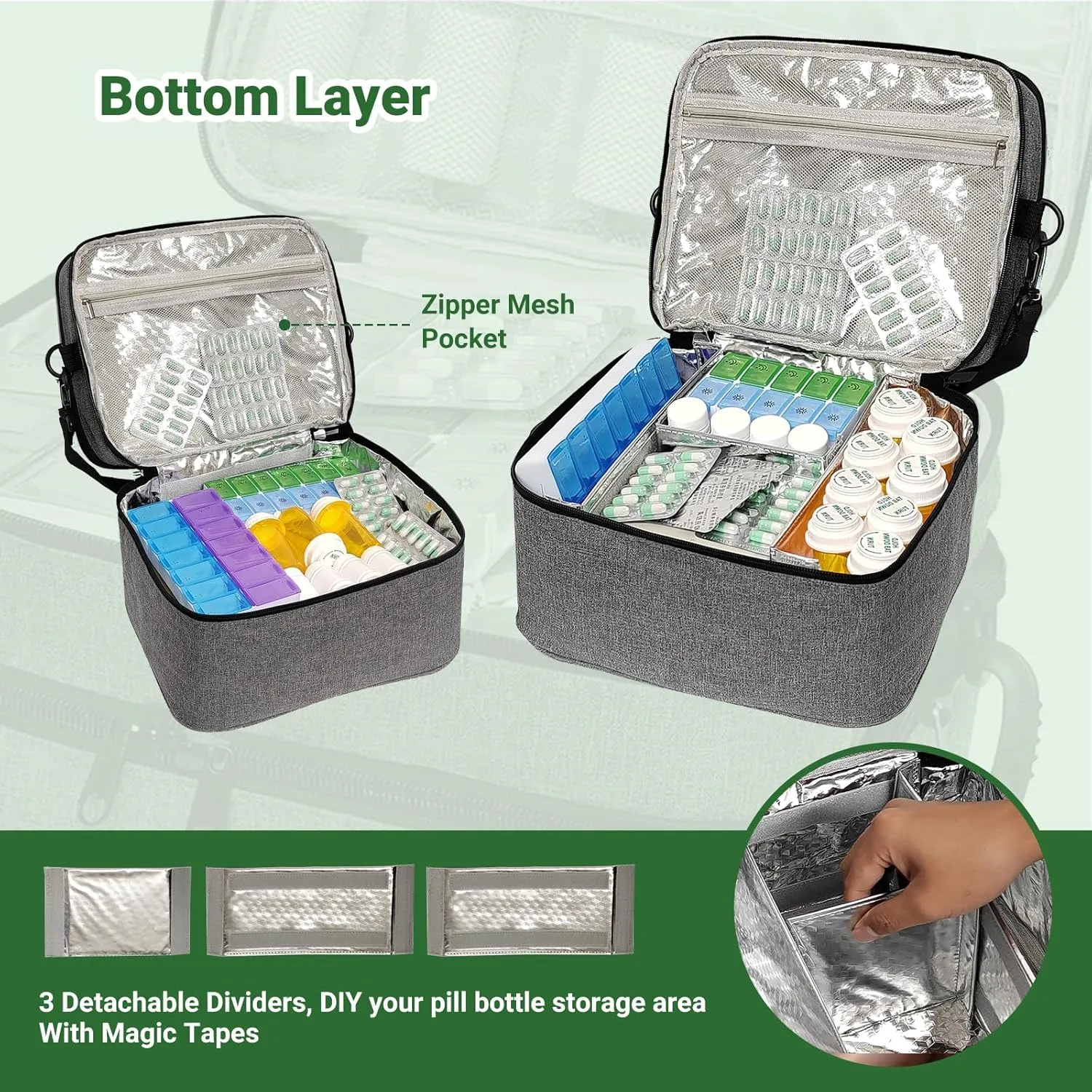 Travel Medicine Organizer and Storage Bag - Double Layers Pill Bottle Organizer Bag for Emergency Medication,Supplements or Medical Kits, Zippered Lockable Empty Medicine Bag for Home (Grey, L)