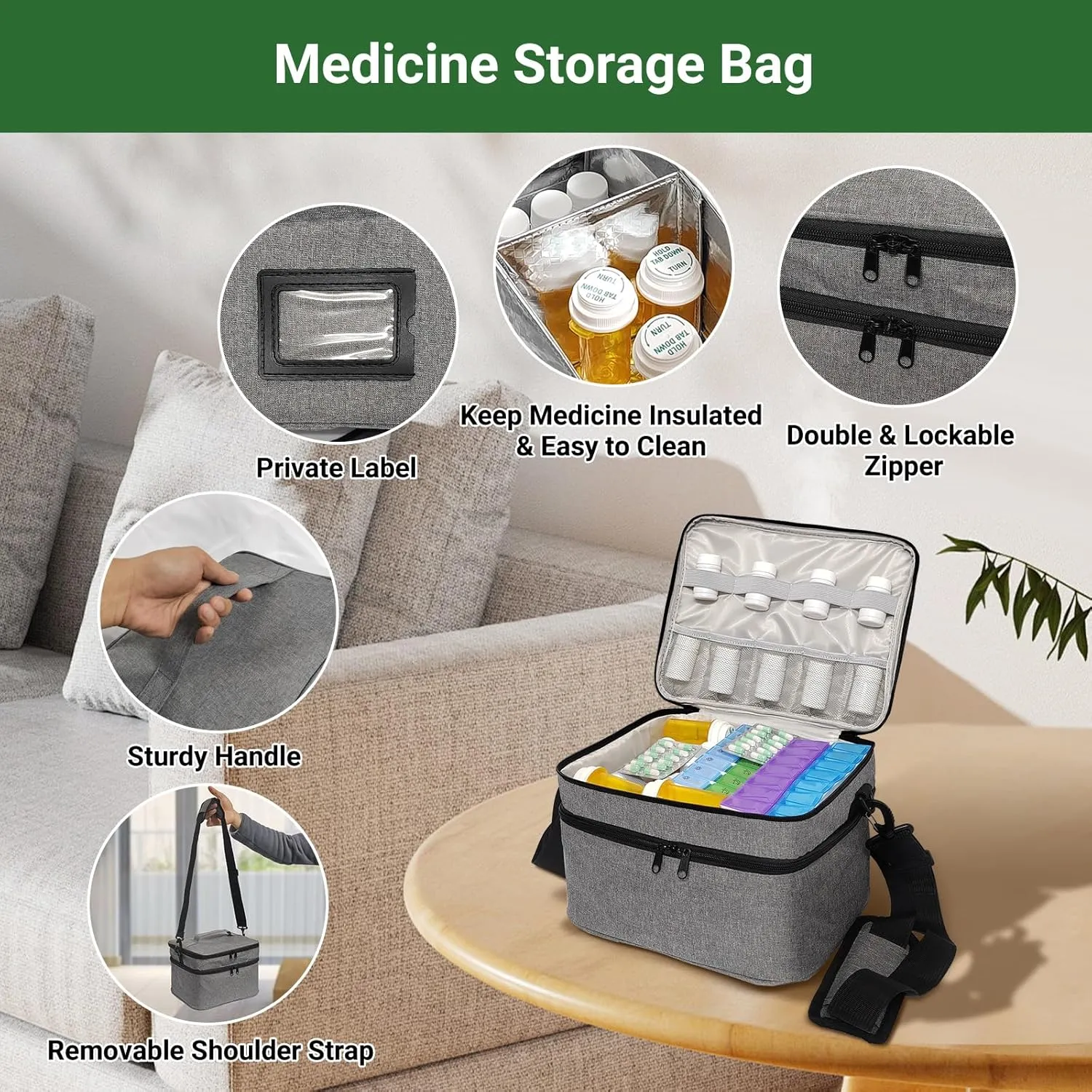 Travel Medicine Organizer and Storage Bag - Double Layers Pill Bottle Organizer Bag for Emergency Medication,Supplements or Medical Kits, Zippered Lockable Empty Medicine Bag for Home (Grey, L)
