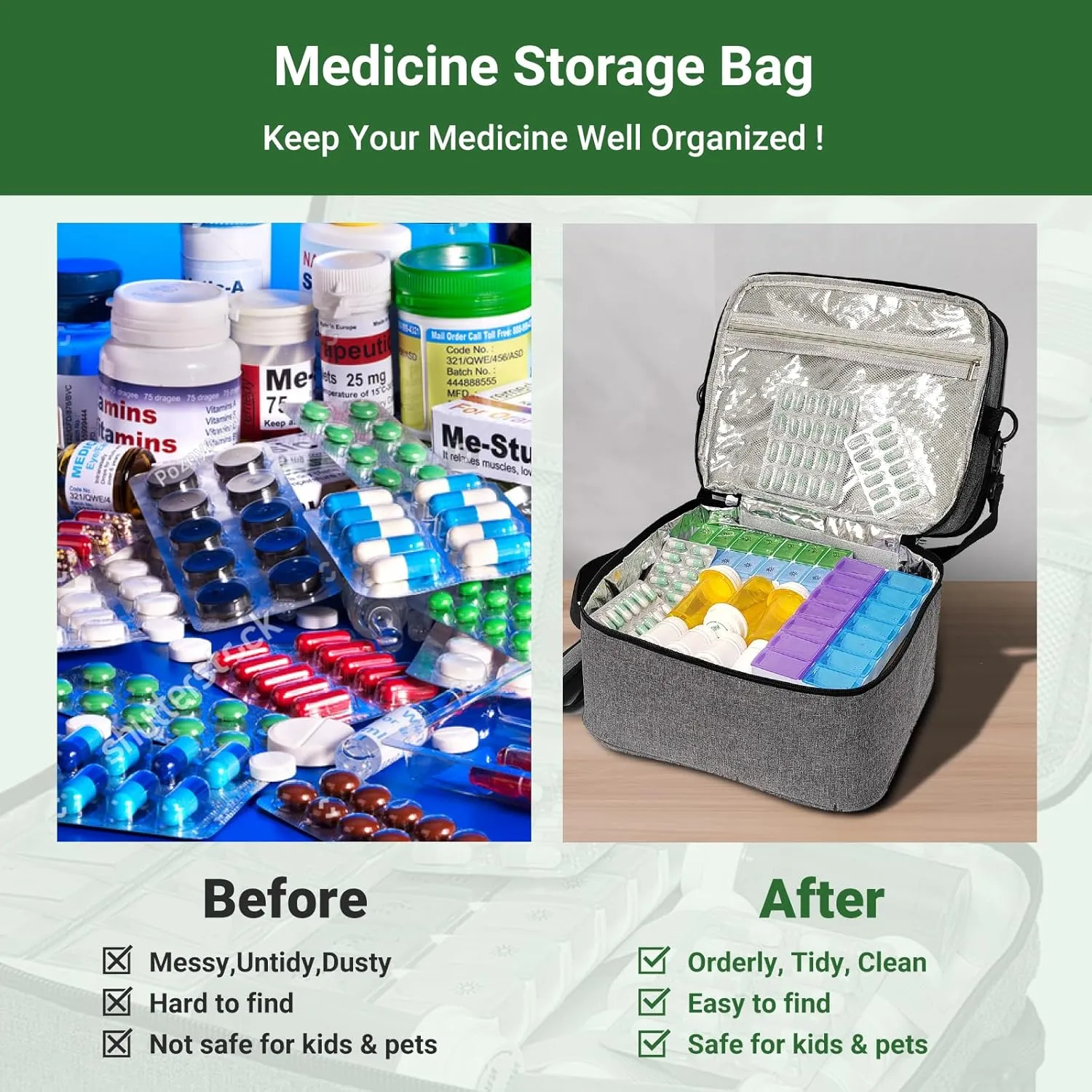 Travel Medicine Organizer and Storage Bag - Double Layers Pill Bottle Organizer Bag for Emergency Medication,Supplements or Medical Kits, Zippered Lockable Empty Medicine Bag for Home (Grey, L)