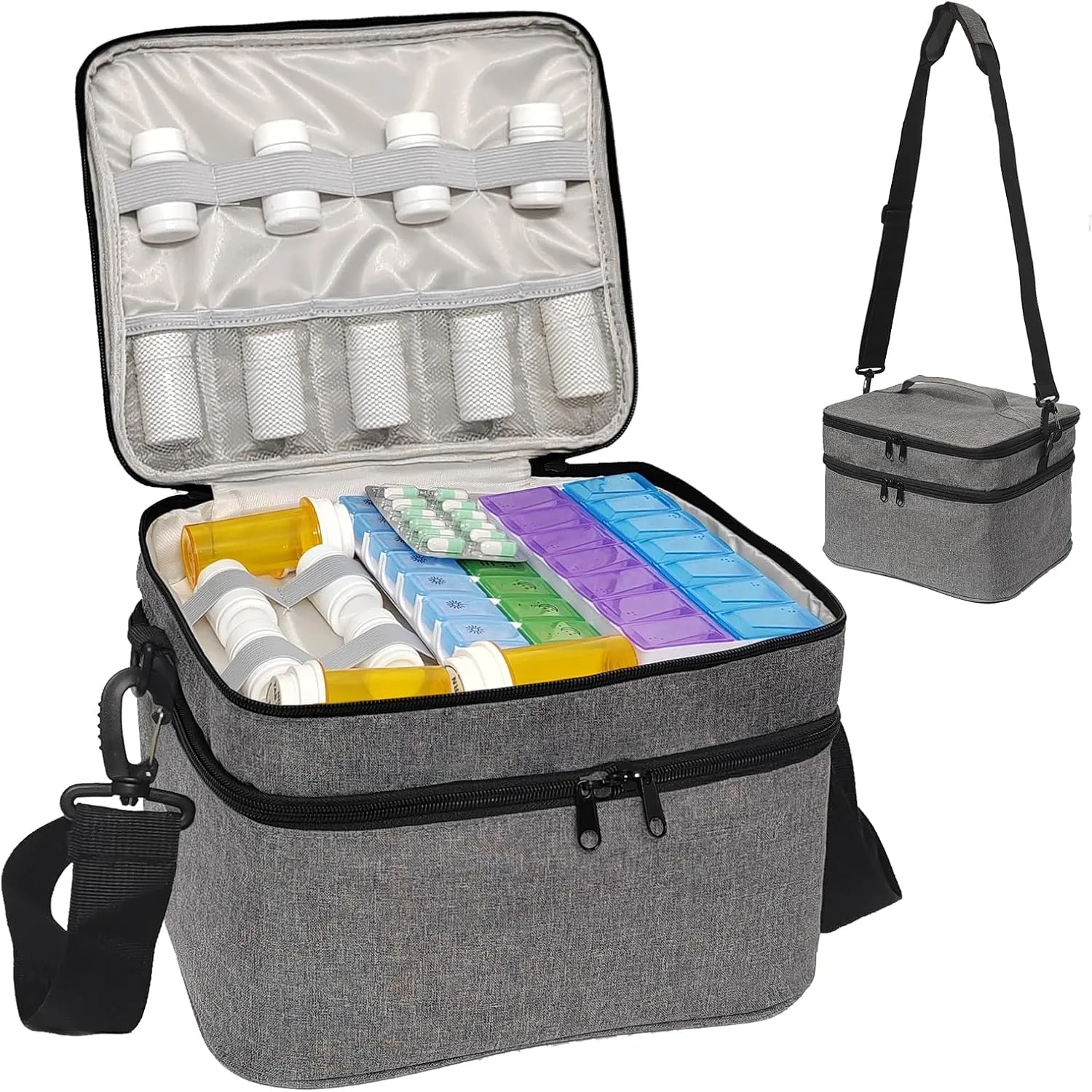 Travel Medicine Organizer and Storage Bag - Double Layers Pill Bottle Organizer Bag for Emergency Medication,Supplements or Medical Kits, Zippered Lockable Empty Medicine Bag for Home (Grey, L)