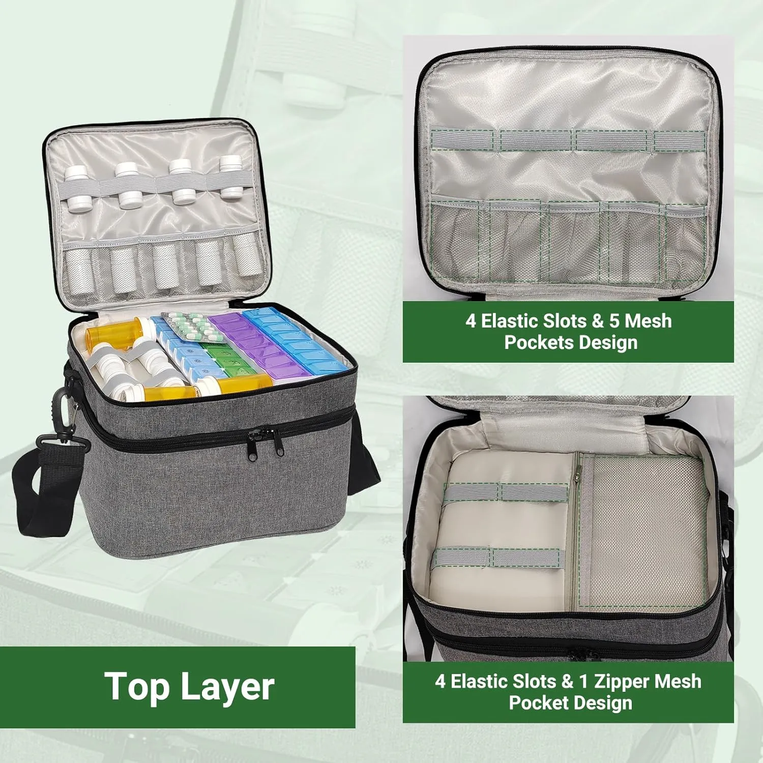 Travel Medicine Organizer and Storage Bag - Double Layers Pill Bottle Organizer Bag for Emergency Medication,Supplements or Medical Kits, Zippered Lockable Empty Medicine Bag for Home (Grey, L)