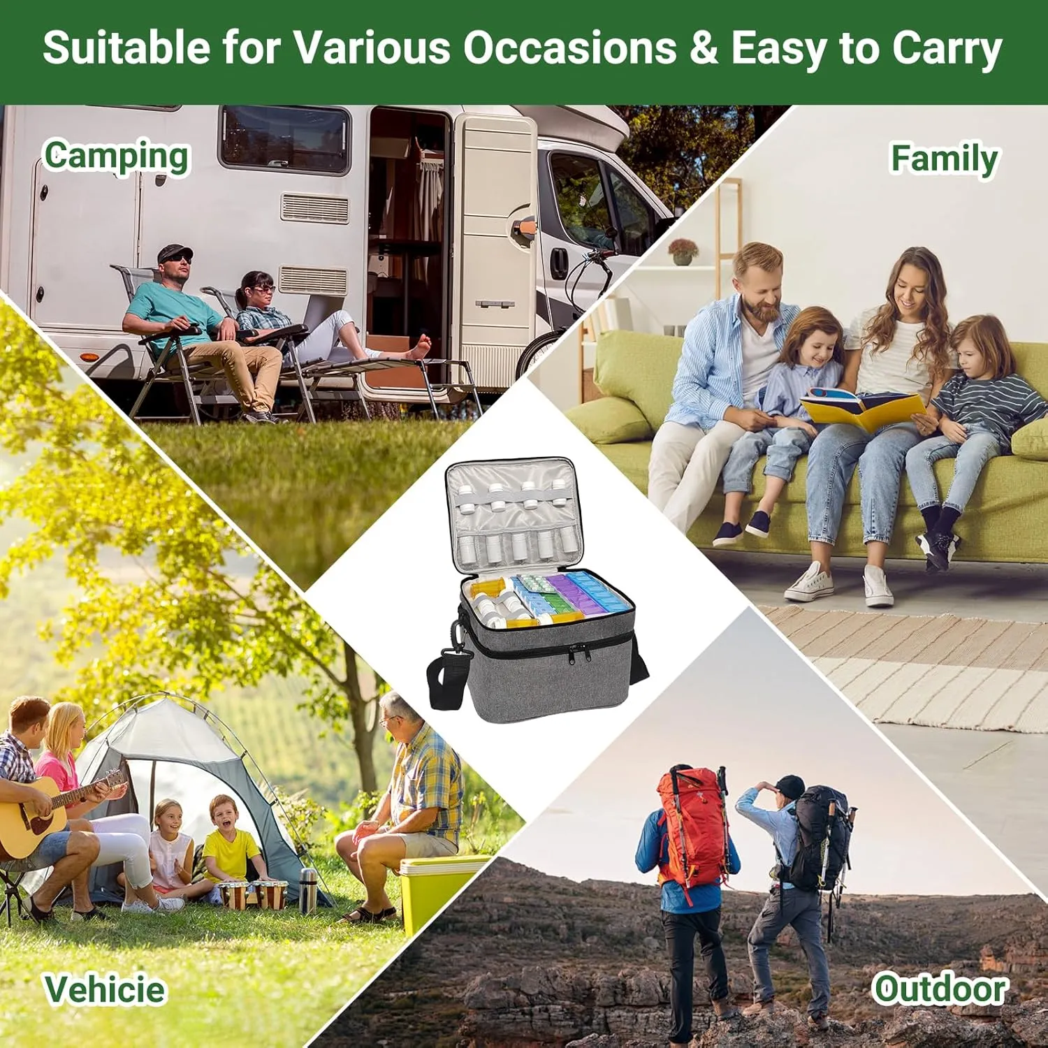 Travel Medicine Organizer and Storage Bag - Double Layers Pill Bottle Organizer Bag for Emergency Medication,Supplements or Medical Kits, Zippered Lockable Empty Medicine Bag for Home (Grey, L)