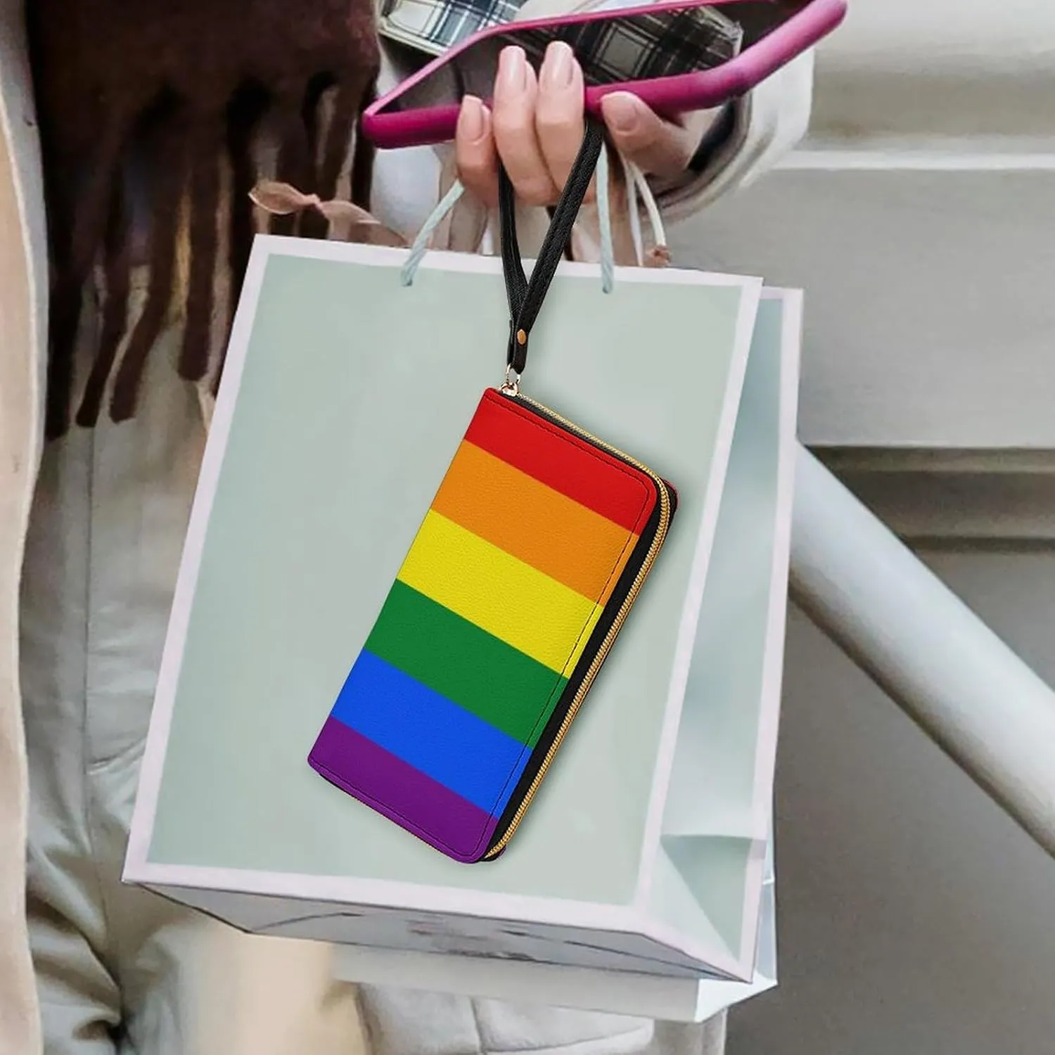 Travel Slim Wallet for Women, Large Capacity Credit Card Holder Rainbow Lgbt Pride Flag Stripes Purse Pu Leather Waterproof Long Wallet