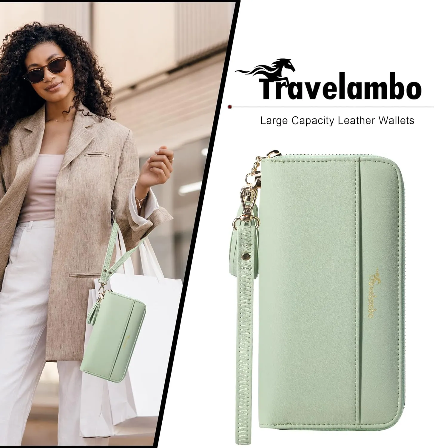 Travelambo Womens Wallet Tassel Bifold Ladies Cluth Wristlet Wrist strap Long Purse
