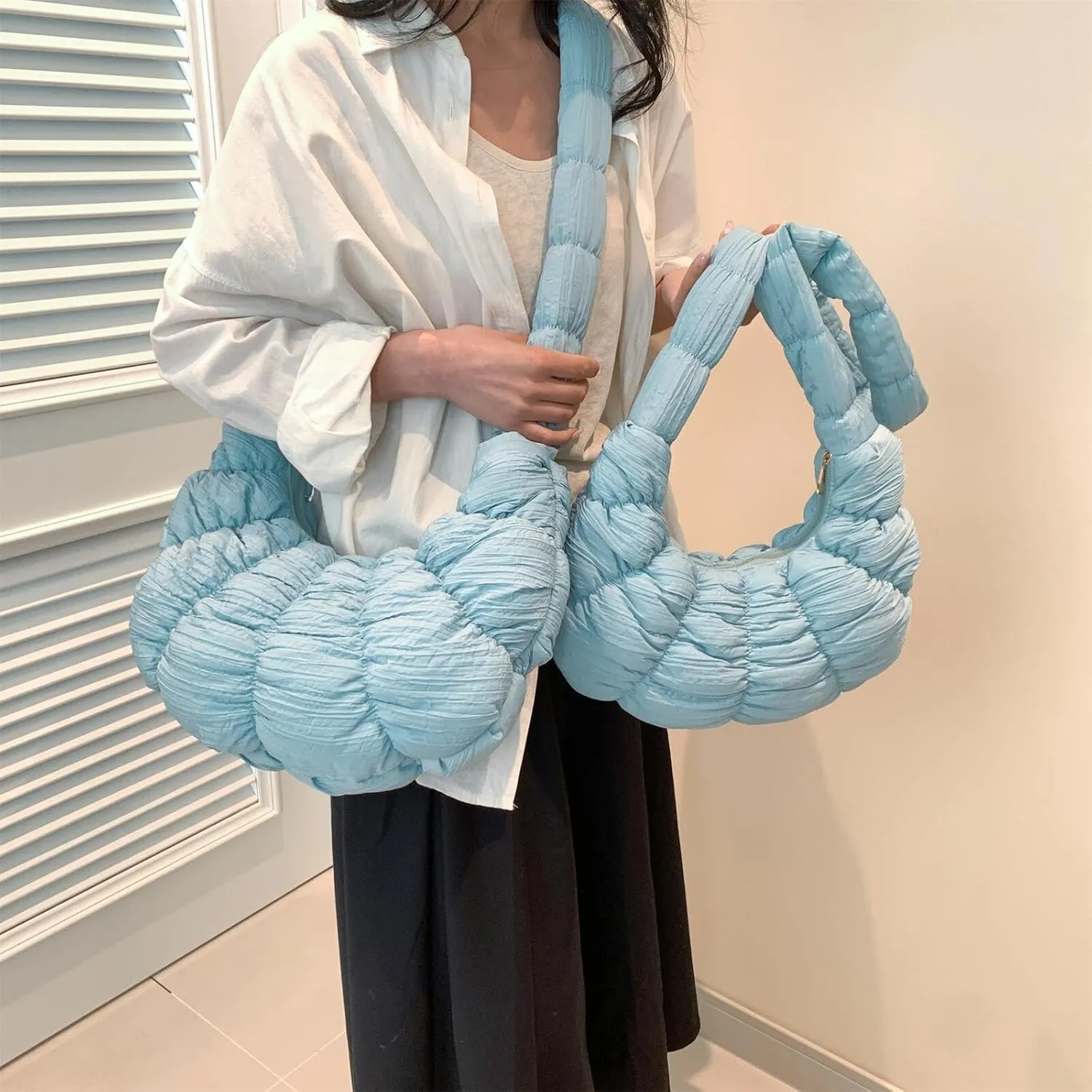 Trendy Croissant Quilted Shoulder Crossbody Bags for Women Large Ruched Nylon Hobos Handbags and Purses Lightweight