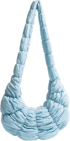 Trendy Croissant Quilted Shoulder Crossbody Bags for Women Large Ruched Nylon Hobos Handbags and Purses Lightweight