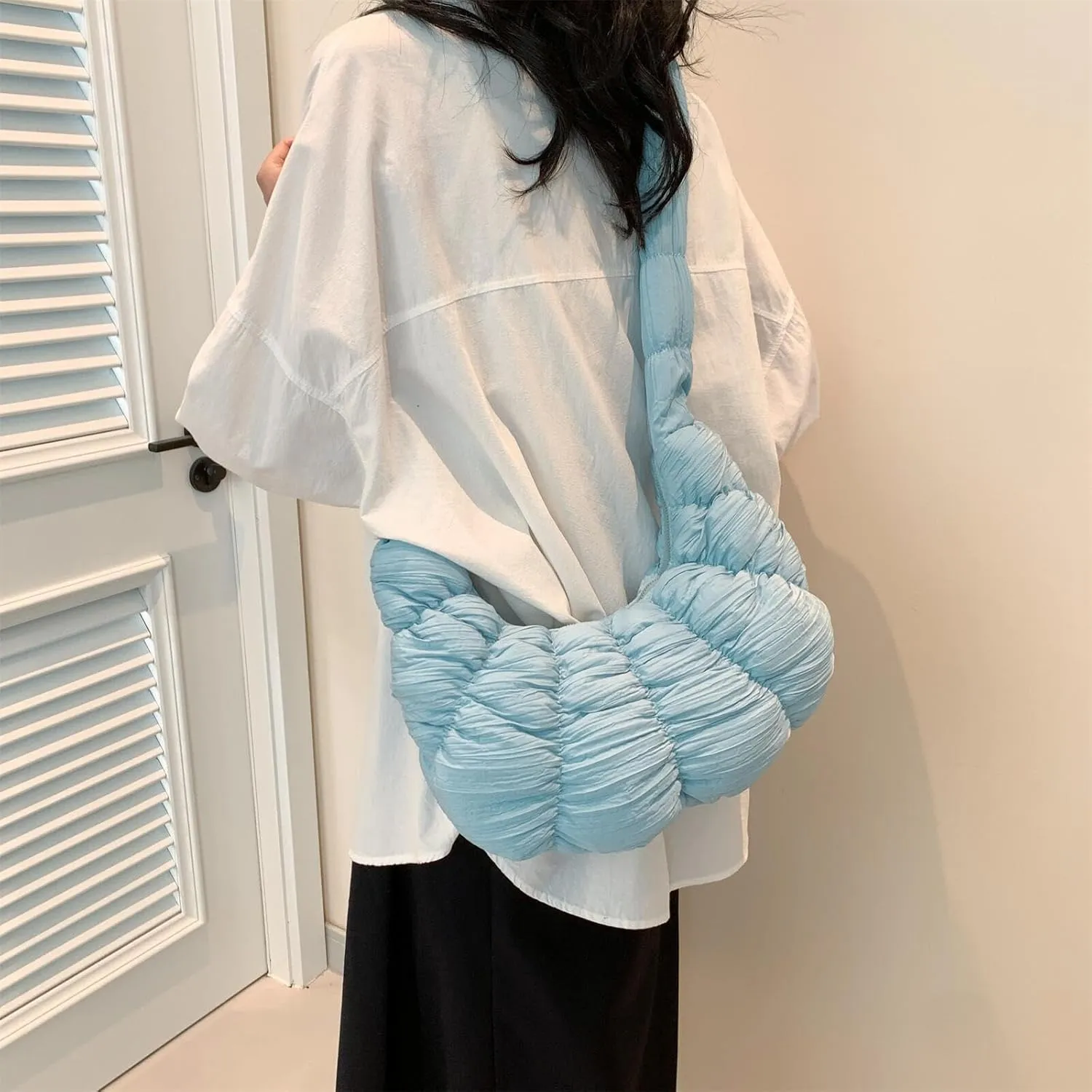 Trendy Croissant Quilted Shoulder Crossbody Bags for Women Large Ruched Nylon Hobos Handbags and Purses Lightweight