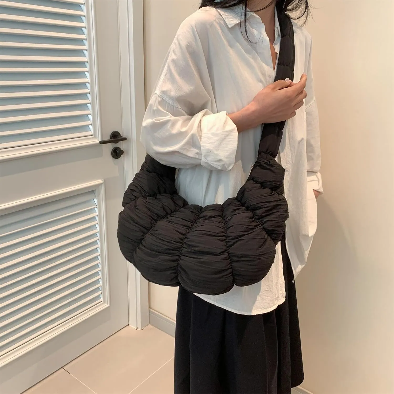 Trendy Croissant Quilted Shoulder Crossbody Bags for Women Large Ruched Nylon Hobos Handbags and Purses Lightweight