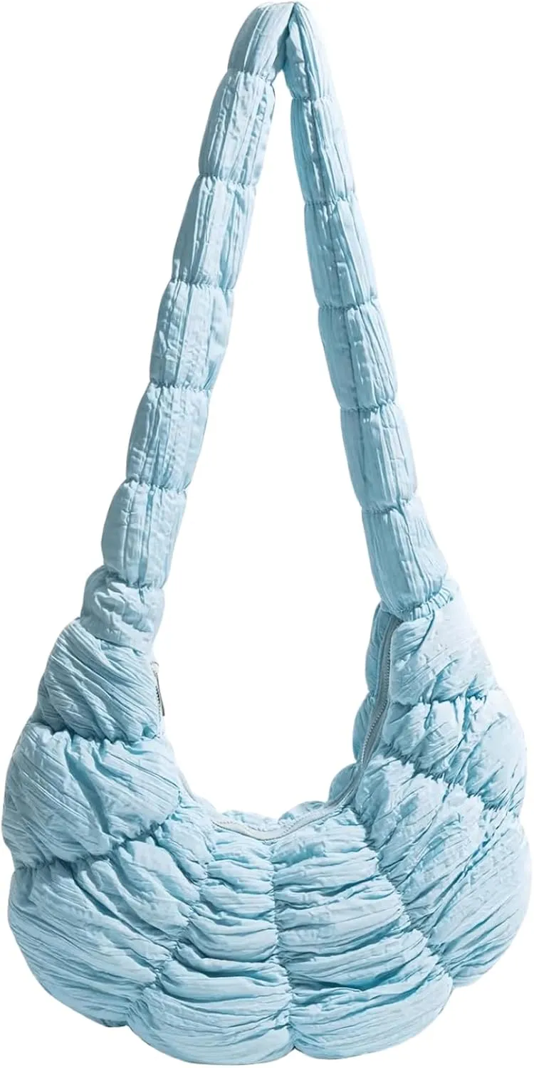 Trendy Croissant Quilted Shoulder Crossbody Bags for Women Large Ruched Nylon Hobos Handbags and Purses Lightweight