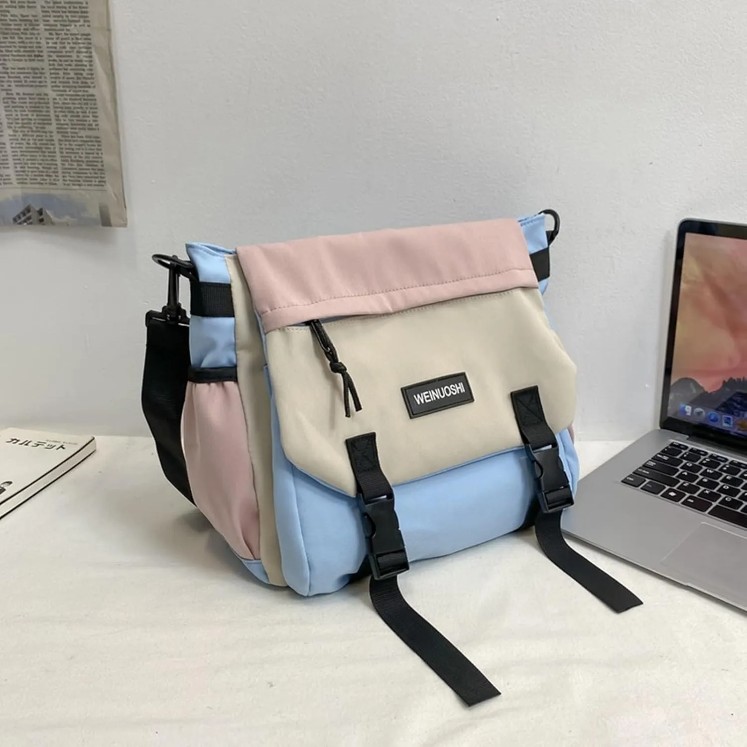 Trendy Sling Crossbody Bag for Women .Men Lightweight Large Capacity Nylon Multi Pocket Purses Shoulder Bag with Free Pendant (Blue & Pink)