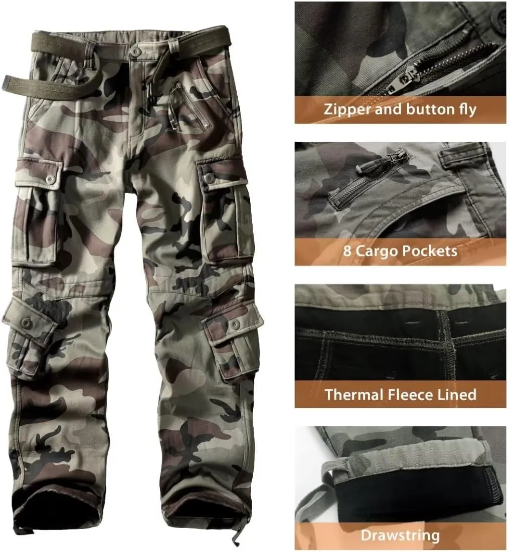 TRGPSG Men's Fleece Lined Hiking Pants Outdoor Windproof Outdoor Cargo Pants Casual Work Ski Pants with 8 Pockets
