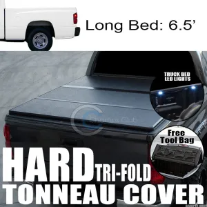 TRI-FOLD SOLID TONNEAU COVER 16X LED LIGHTS 05-11 DAKOTA CLUB CAB 6.5' TRUCK BED