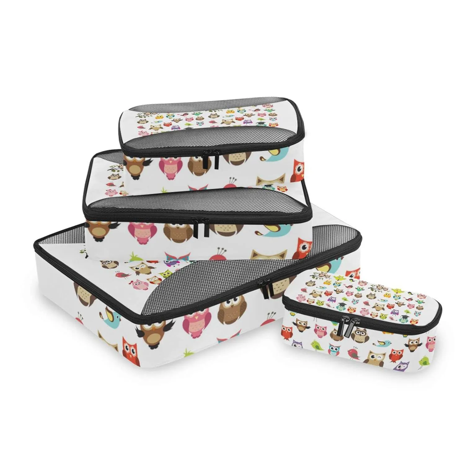 Tribal Ethnic Owls Seamless on White 4 Set Packing Cubes, Travel Packing Organizers, 600D Oxford Cloth Toiletry Storage Bag, Luggage Mesh Bags for Accessories