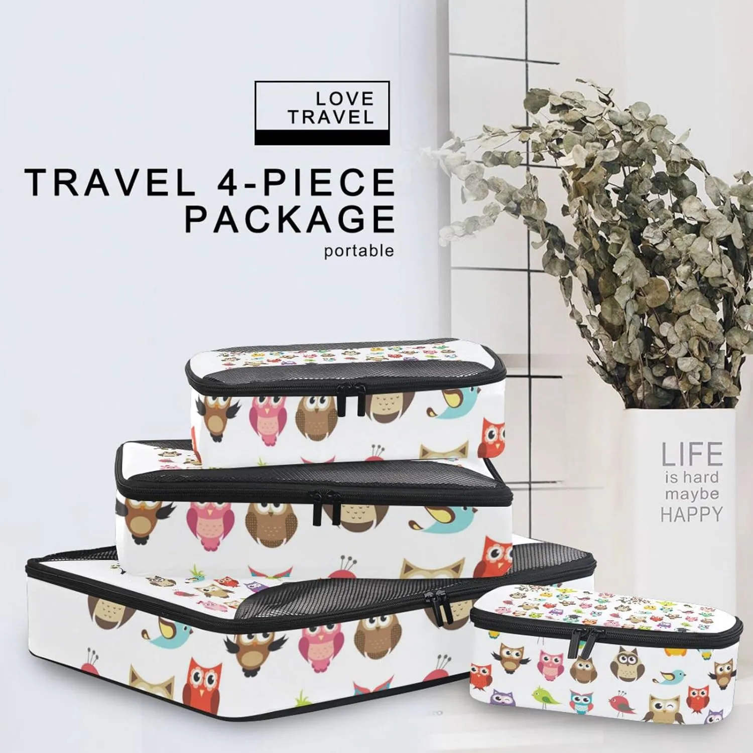 Tribal Ethnic Owls Seamless on White 4 Set Packing Cubes, Travel Packing Organizers, 600D Oxford Cloth Toiletry Storage Bag, Luggage Mesh Bags for Accessories