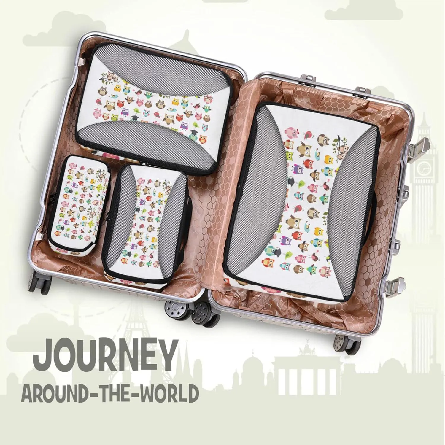 Tribal Ethnic Owls Seamless on White 4 Set Packing Cubes, Travel Packing Organizers, 600D Oxford Cloth Toiletry Storage Bag, Luggage Mesh Bags for Accessories