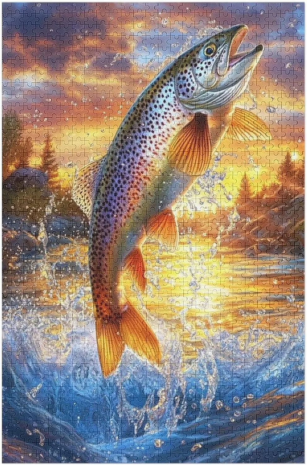 Trout Fish Jump from Water Sunset Jigsaw Puzzles 1000 Pieces for Adults Educational Entertainment Game