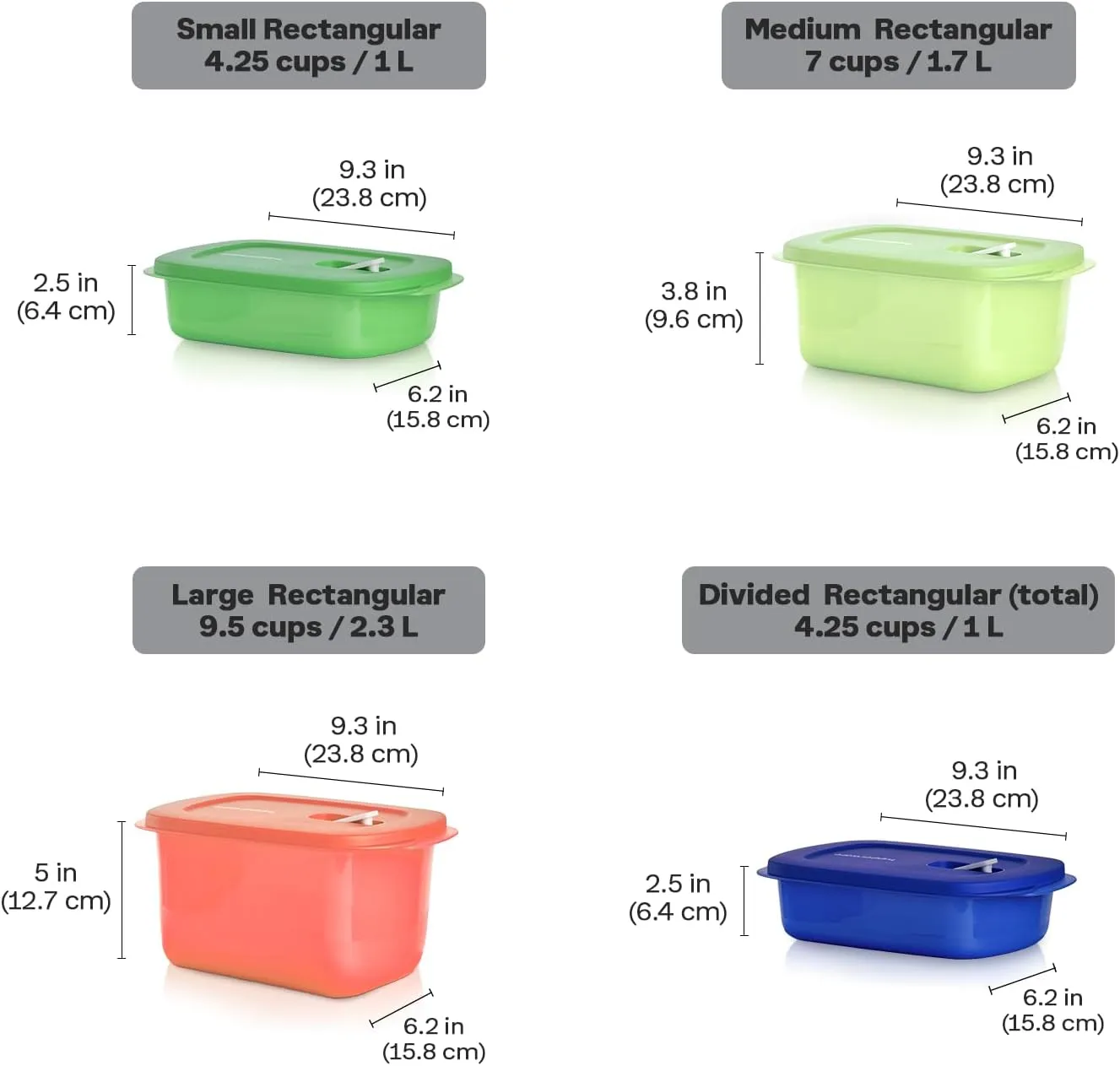 Tupperware CrystalWave 4 Piece Rectangular Food Storage Container Set in Multi Colors, Dishwasher Safe and BPA Free (4 Containers, 4 Lids)