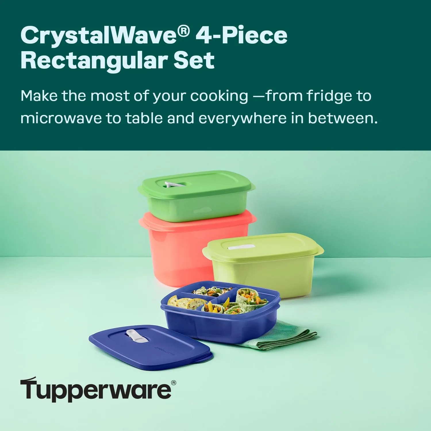 Tupperware CrystalWave 4 Piece Rectangular Food Storage Container Set in Multi Colors, Dishwasher Safe and BPA Free (4 Containers, 4 Lids)