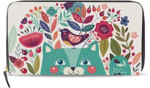 Turquoise Cats, Birds and Colorful Flowers Art Pattern Leather Long Wallet Organizer with Zipper Purse Clutch Bag for Women Men Key Card Coin Passport Checkbook 8 x 4 inch