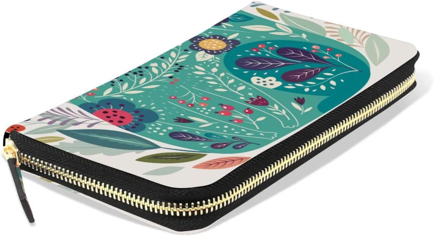 Turquoise Cats, Birds and Colorful Flowers Art Pattern Leather Long Wallet Organizer with Zipper Purse Clutch Bag for Women Men Key Card Coin Passport Checkbook 8 x 4 inch