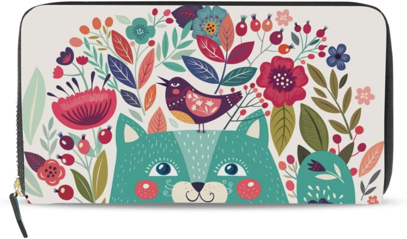 Turquoise Cats, Birds and Colorful Flowers Art Pattern Leather Long Wallet Organizer with Zipper Purse Clutch Bag for Women Men Key Card Coin Passport Checkbook 8 x 4 inch