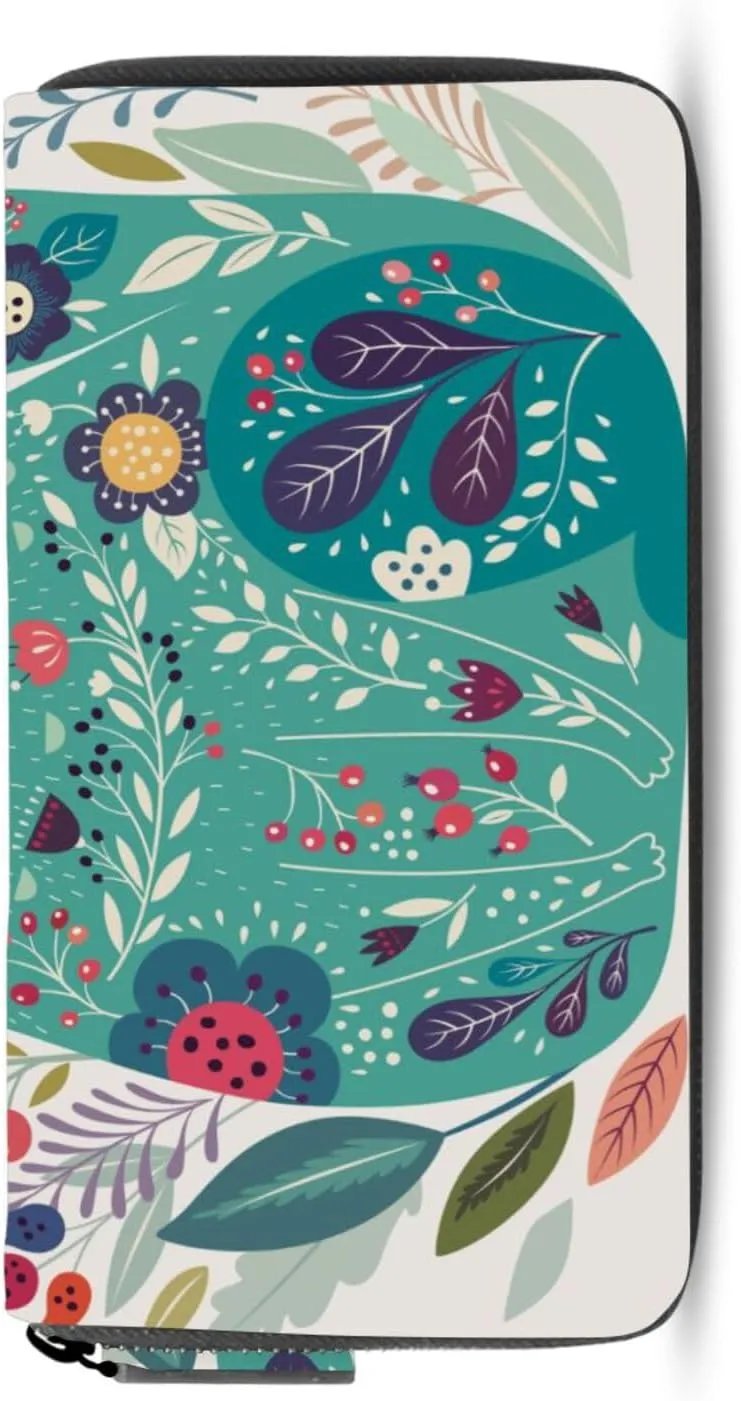 Turquoise Cats, Birds and Colorful Flowers Art Pattern Leather Long Wallet Organizer with Zipper Purse Clutch Bag for Women Men Key Card Coin Passport Checkbook 8 x 4 inch
