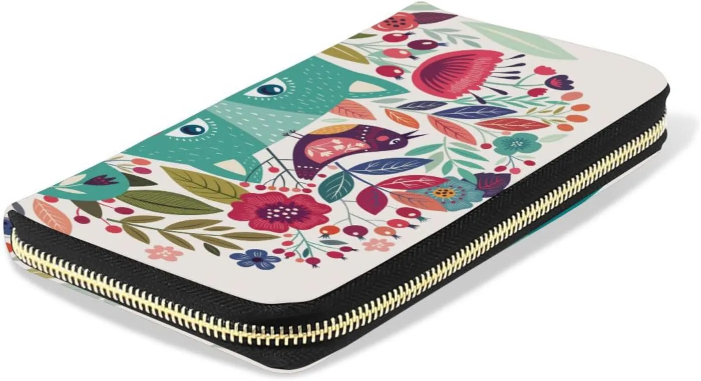 Turquoise Cats, Birds and Colorful Flowers Art Pattern Leather Long Wallet Organizer with Zipper Purse Clutch Bag for Women Men Key Card Coin Passport Checkbook 8 x 4 inch