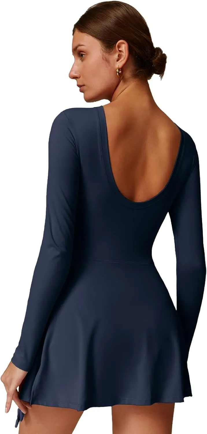 Two-in-One Mock Layered Sports Dress Workout Rompers Mini Tennis Dress Breathable Activewear