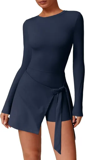 Two-in-One Mock Layered Sports Dress Workout Rompers Mini Tennis Dress Breathable Activewear