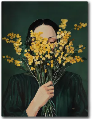 UCRAASDEB Emerald Green Abstract Feminine People Wall Art, Girl with Flowers Minimal Japandi Female Abstract Canvas Prints, Retro Female Portrait Aesthetic Decor for Bedroom Apartment Dorm 16'' x 12''