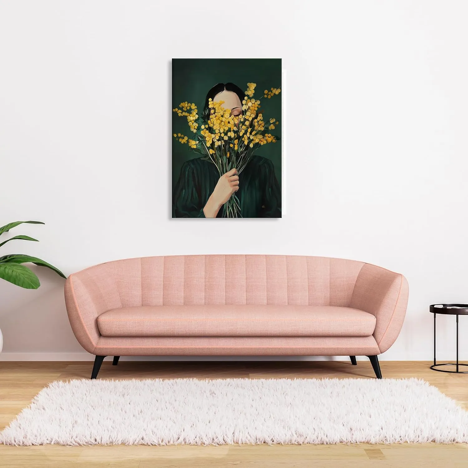 UCRAASDEB Emerald Green Abstract Feminine People Wall Art, Girl with Flowers Minimal Japandi Female Abstract Canvas Prints, Retro Female Portrait Aesthetic Decor for Bedroom Apartment Dorm 16'' x 12''