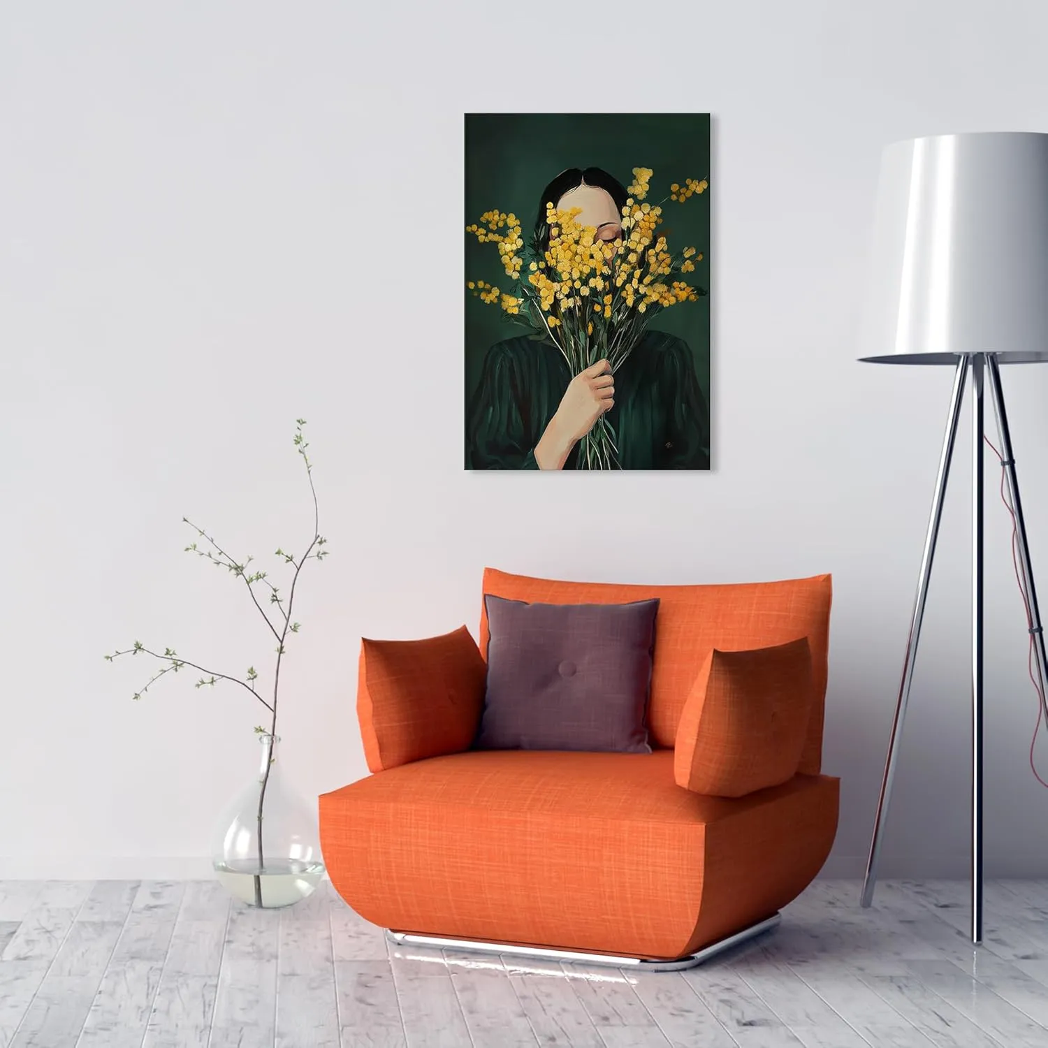 UCRAASDEB Emerald Green Abstract Feminine People Wall Art, Girl with Flowers Minimal Japandi Female Abstract Canvas Prints, Retro Female Portrait Aesthetic Decor for Bedroom Apartment Dorm 16'' x 12''