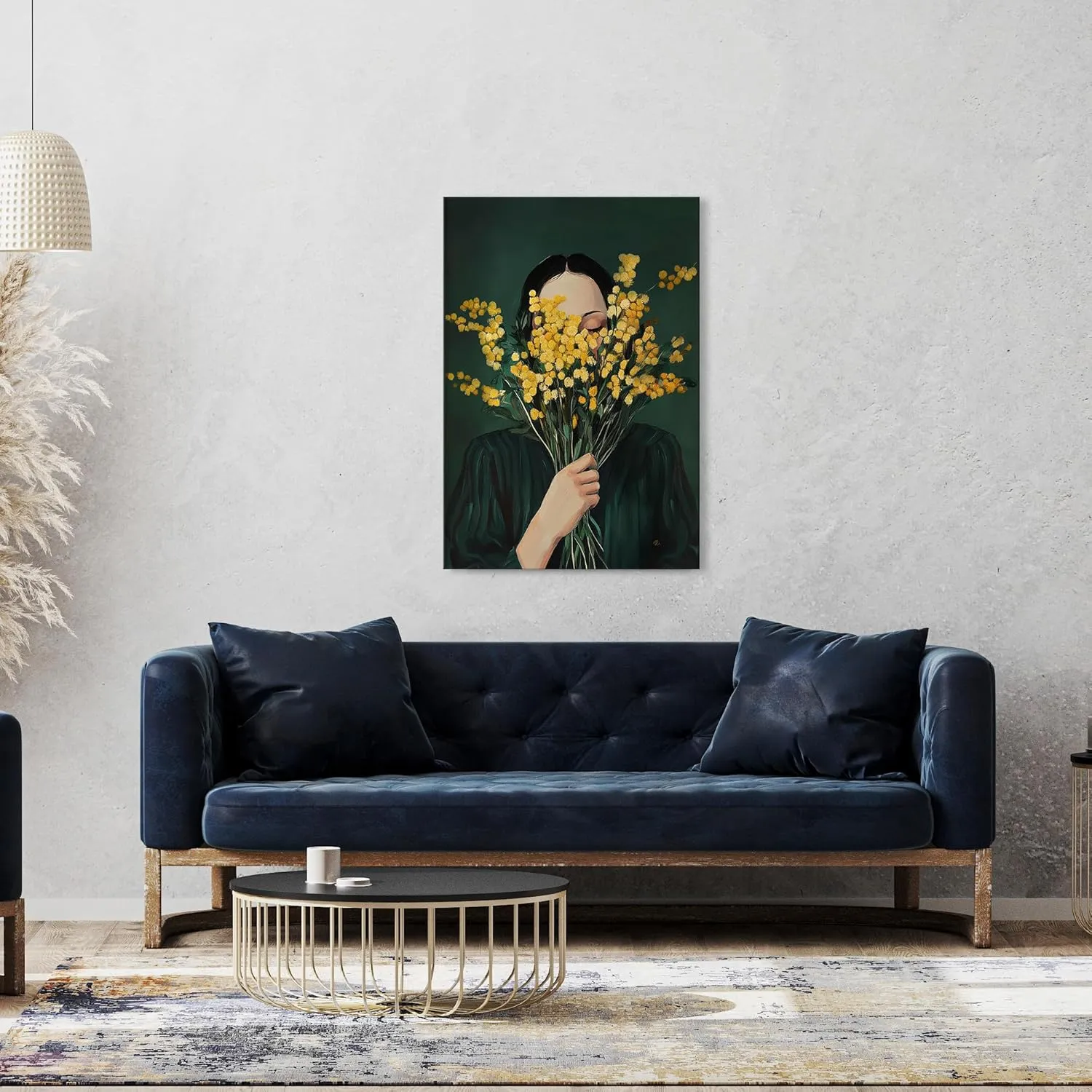UCRAASDEB Emerald Green Abstract Feminine People Wall Art, Girl with Flowers Minimal Japandi Female Abstract Canvas Prints, Retro Female Portrait Aesthetic Decor for Bedroom Apartment Dorm 16'' x 12''